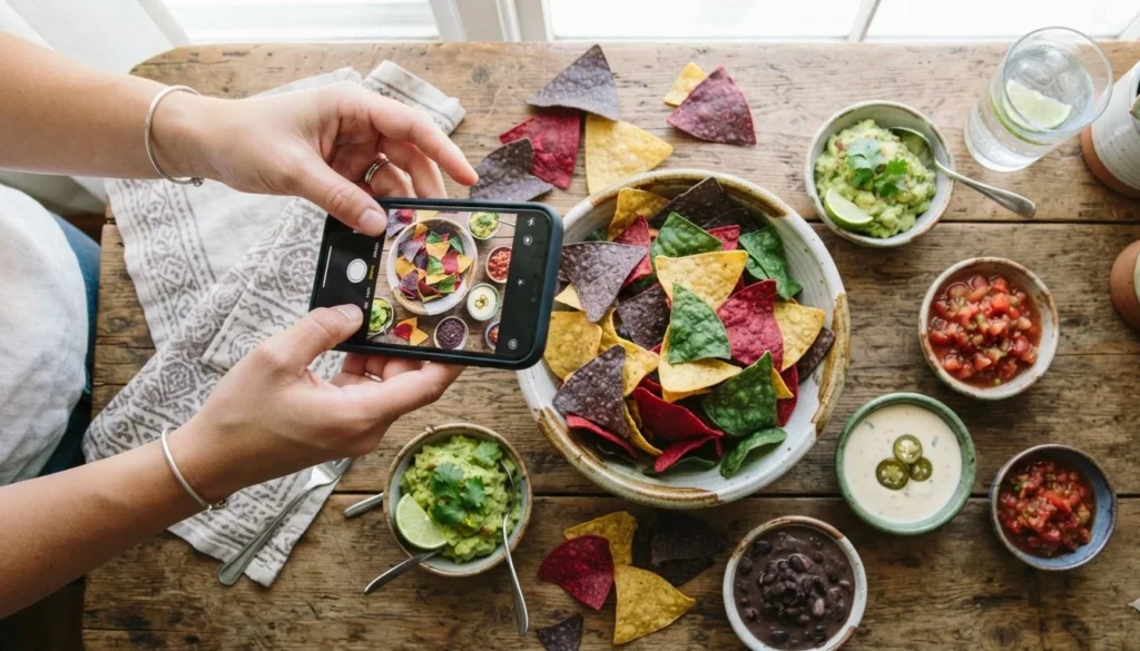 Chip Puns for Instagram with a colorful snack and dip setup