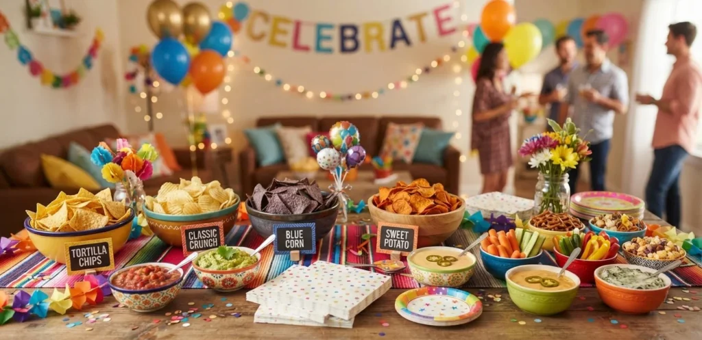Chip Puns for a fun party snack table with chips and dips