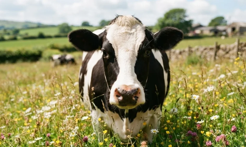 Cow Puns for Instagram featuring a friendly black and white cow in a sunny pasture with wildflowers and a rural background