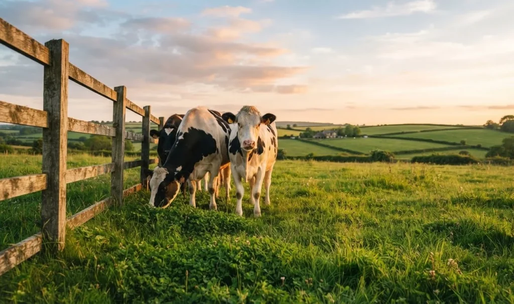 Cow Puns featuring happy dairy cows grazing in a green meadow with a rustic farm fence and golden hour countryside
