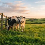 Cow Puns featuring happy dairy cows grazing in a green meadow with a rustic farm fence and golden hour countryside