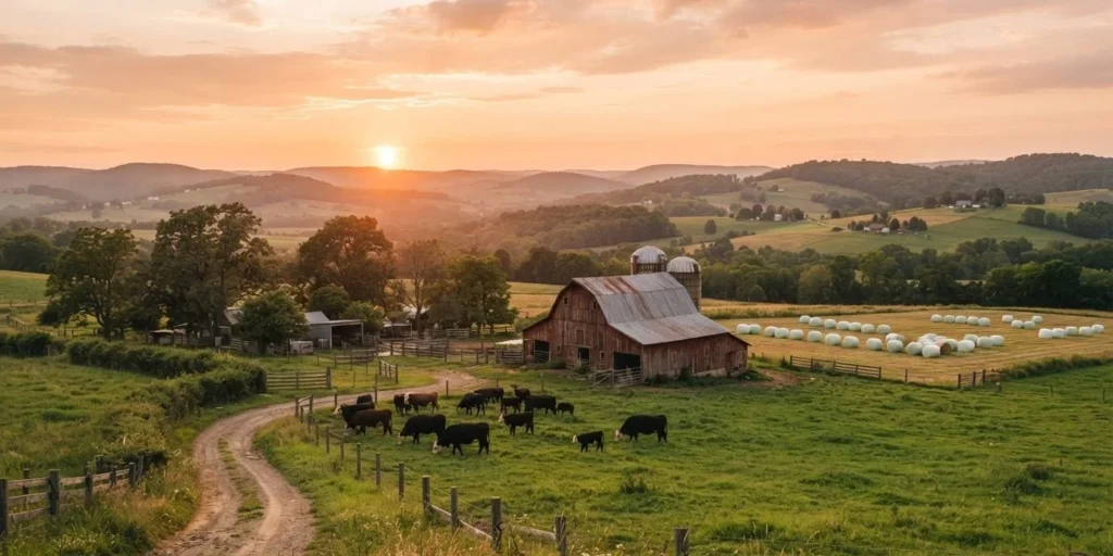 Cow Puns for farm photos featuring a herd of cows near a red barn, green pasture, hay bales, hills, and warm sunset light