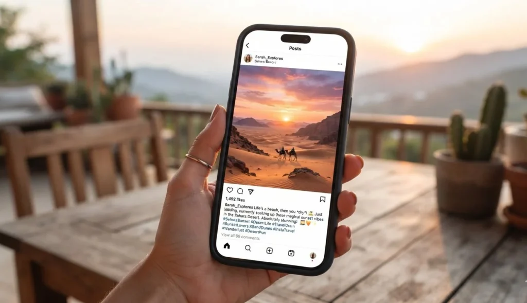 A smartphone displaying an Instagram post of a desert sunset with a desert pun caption, showing how desert puns work for social media.