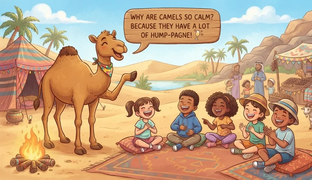 A cheerful cartoon camel telling a desert pun to a group of laughing children, showing family-friendly desert puns in action.