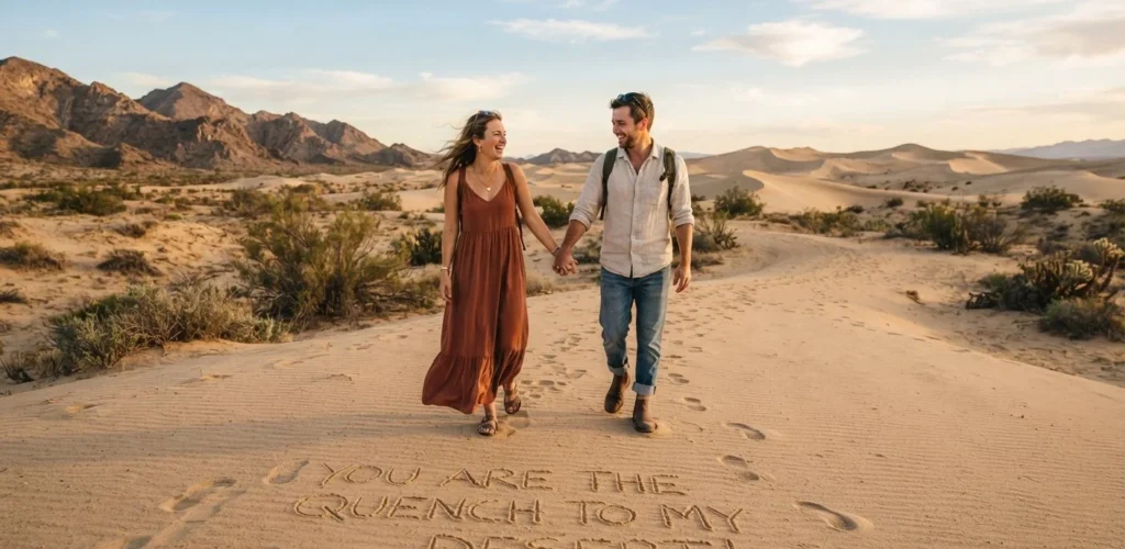 A couple holding hands in a desert landscape with a desert pun written in the sand, representing relationship humour and desert puns.