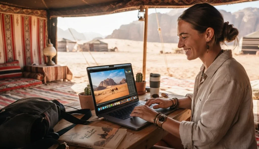 A travel blogger editing a desert photo on a laptop with a list of desert puns visible on the screen, showing how desert puns improve travel content.