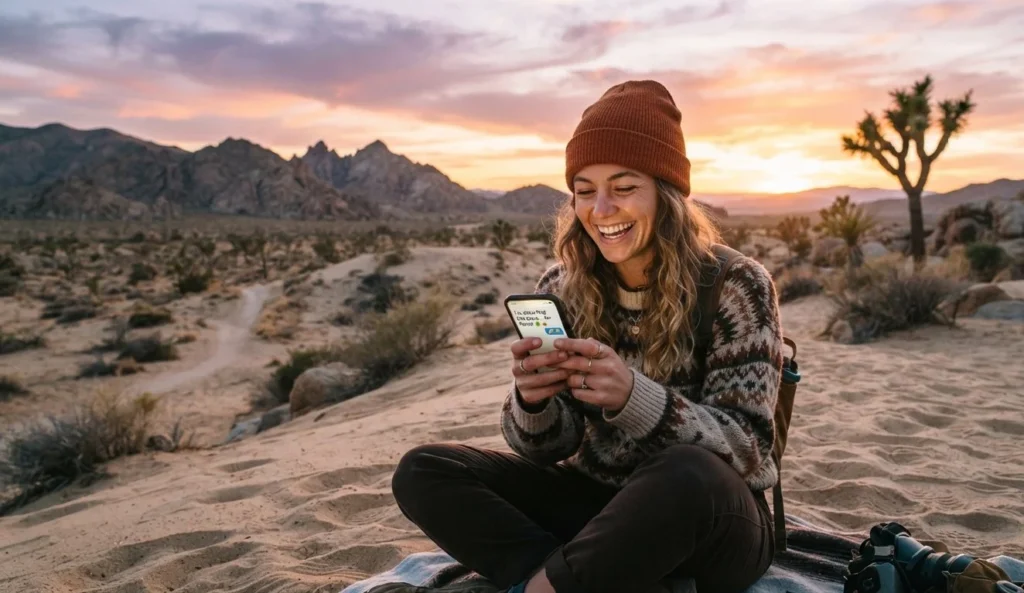A serene desert sunset with a person smiling at their phone after reading a desert pun, representing the lasting joy of desert puns.