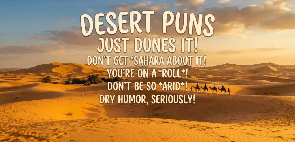 A golden desert landscape with sand dunes and a playful text overlay reading desert puns, representing the fun side of dry humor.