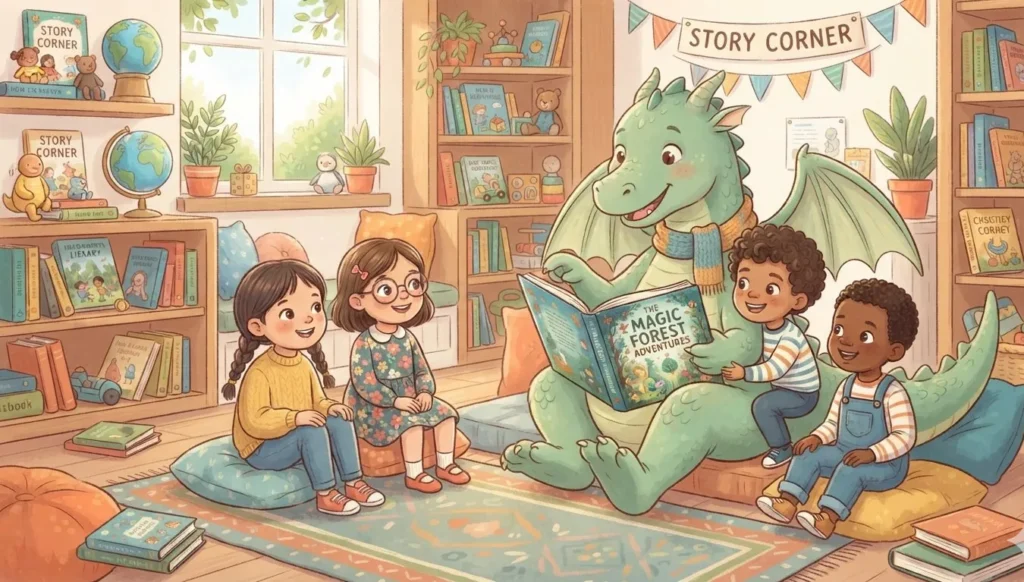 Clean and family friendly Dragon Puns with a cheerful storybook dragon
