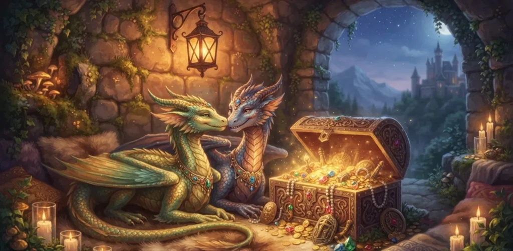 Romantic Dragon Puns with a magical fantasy couple
