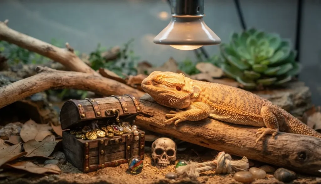 Bearded Dragon Puns with a cute pet dragon basking under a lamp