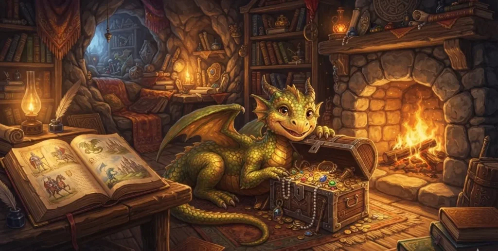 Dragon Puns featuring a friendly fire breathing dragon and treasure