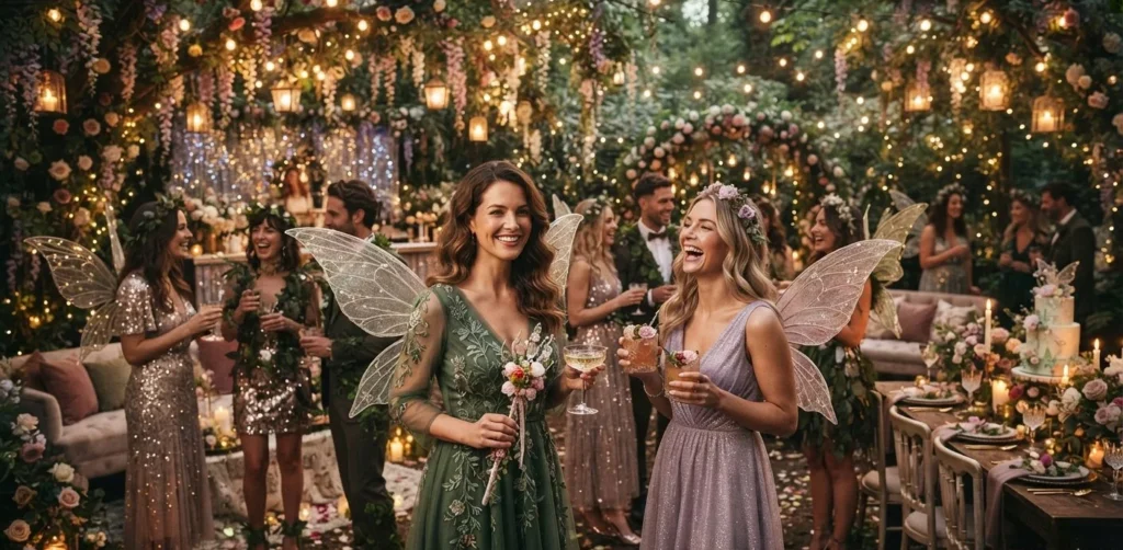 Fairy Puns for Adults featuring an elegant fairy themed party with wings, wand, flowers, and sparkle