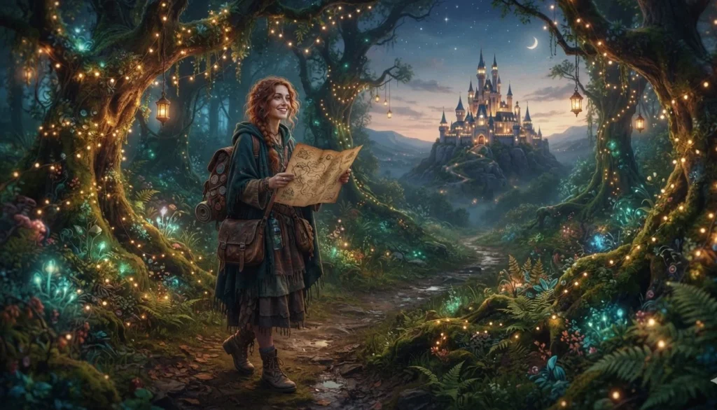 Fairy Puns for tourists and travelers featuring an enchanted forest path, castle, backpack, map, and fairy lights