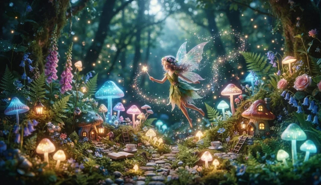 Fairy Puns featuring a whimsical fairy garden, wings, wand, flowers, and magical sparkles