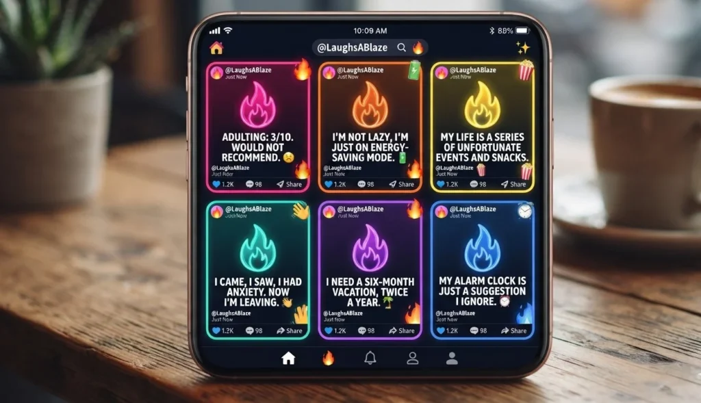 Fire puns image with colorful flame icons and short funny one liners arranged like social media cards