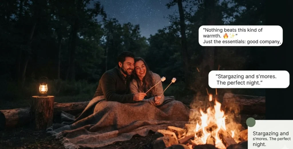 Fire puns Instagram caption image showing a warm outdoor night scene with a glowing campfire and caption examples
