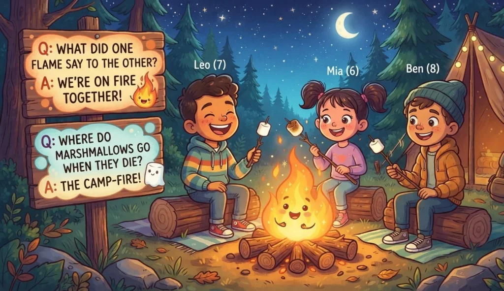 Fire puns family friendly image showing cartoon flames, marshmallows, a campfire, and playful clean jokes for kids