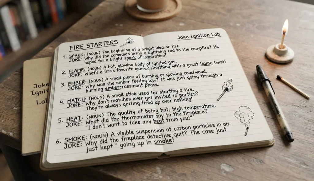 Fire puns creative writing image showing a notebook with spark, flame, ember, match, heat, and smoke words used to build original jokes