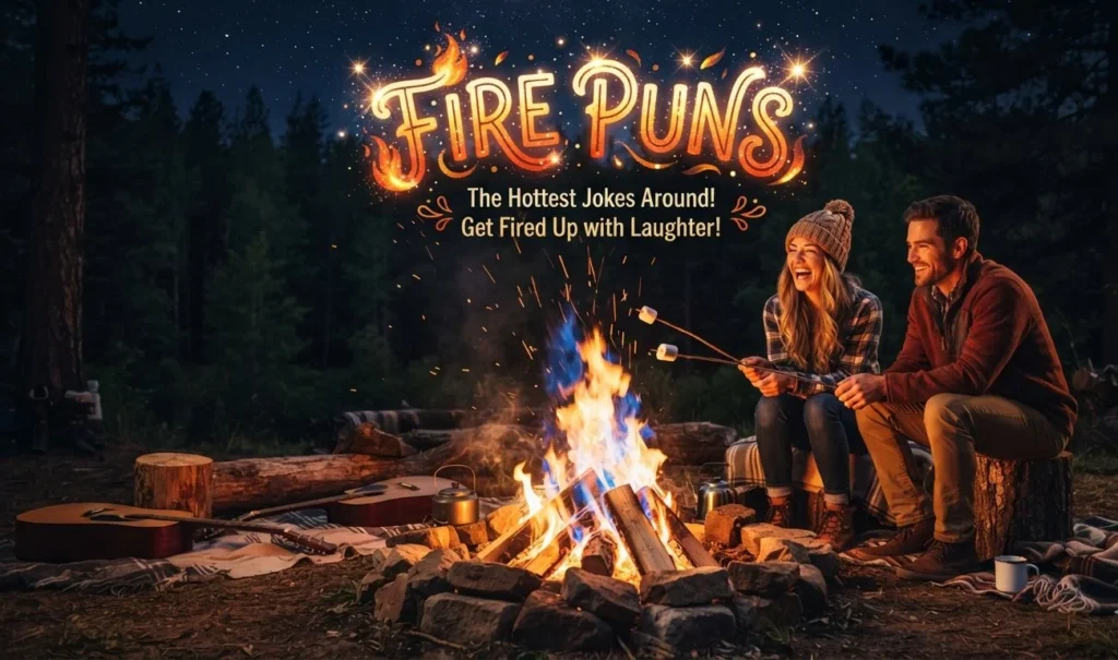 Fire puns hero image showing glowing flames, sparks, a cozy campfire, and playful typography reading Fire Puns