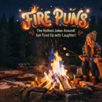 Fire puns hero image showing glowing flames, sparks, a cozy campfire, and playful typography reading Fire Puns