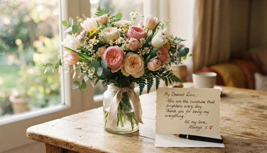 Flower Puns Love featuring a romantic bouquet of roses, tulips and daisies