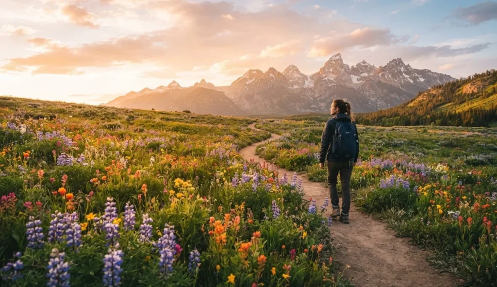 Flower Puns for travel featuring a colorful wildflower meadow and scenic outdoor adventure
