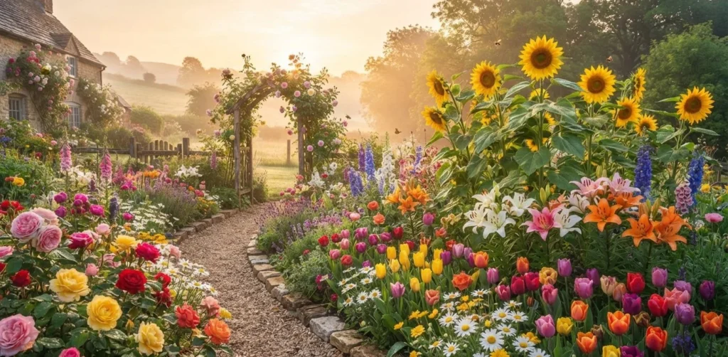 Flower Puns featuring a colorful garden filled with roses, daisies, tulips and sunflowers