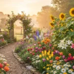 Flower Puns featuring a colorful garden filled with roses, daisies, tulips and sunflowers