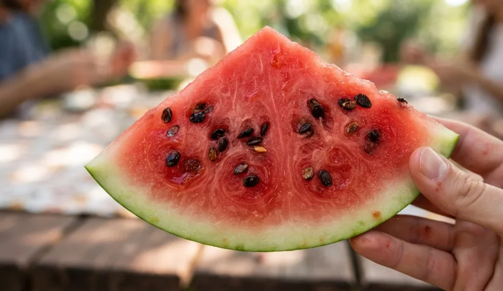 Close up of a fresh watermelon slice showing red juicy flesh and black seeds for funny watermelon puns