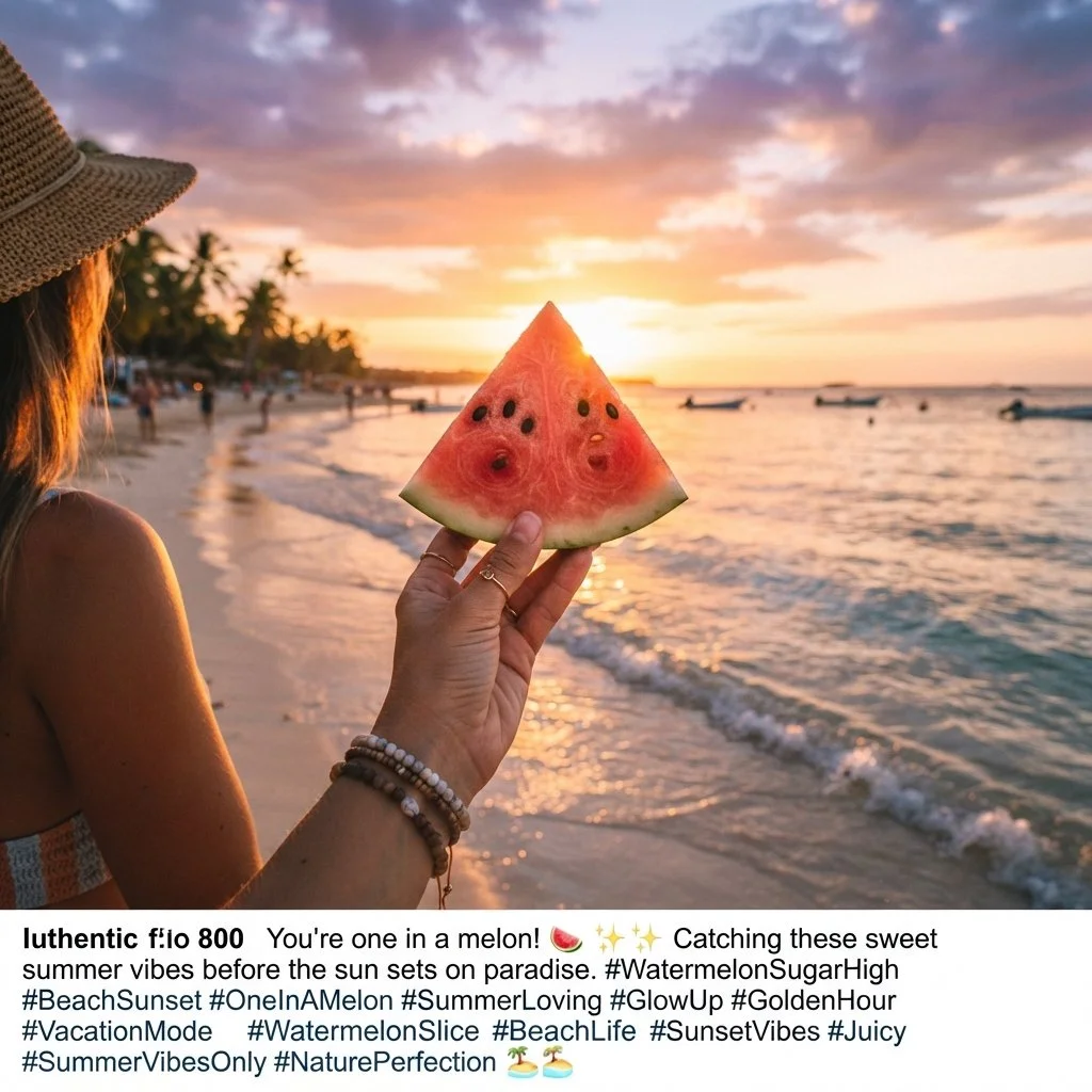 Instagram style photo of a watermelon slice held against a beach sunset with funny watermelon puns caption