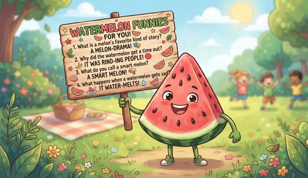 Happy cartoon watermelon character holding a sign with funny watermelon puns for kids