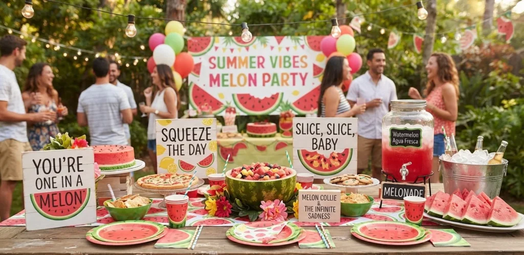 Backyard summer party table decorated with watermelon theme and funny watermelon puns signs