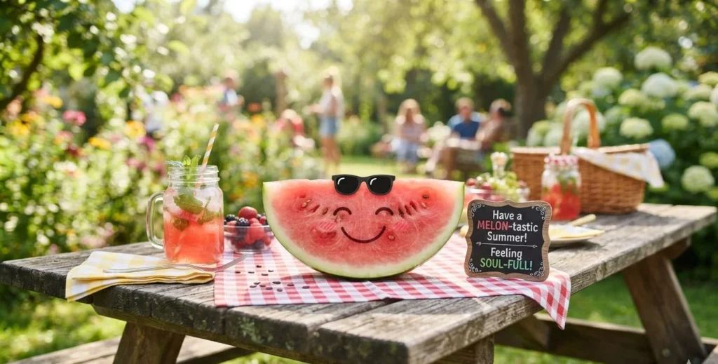 Funny watermelon puns hero image showing a smiling watermelon slice with sunglasses on a summer picnic table