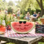 Funny watermelon puns hero image showing a smiling watermelon slice with sunglasses on a summer picnic table