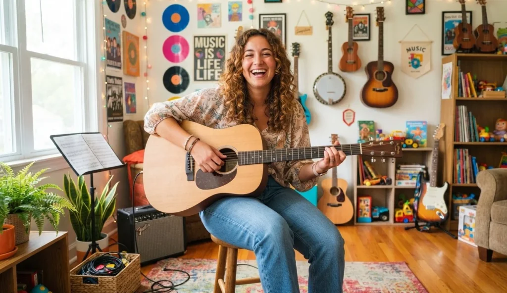 Guitar Puns and guitar jokes for kids featuring a cheerful young guitarist