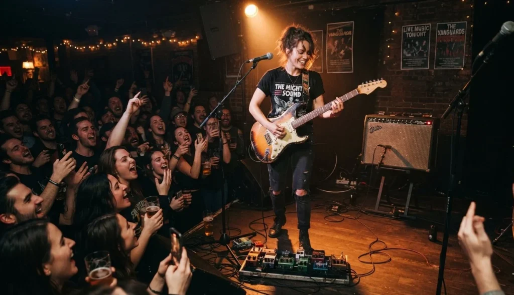 Guitar Puns featuring a guitarist performing on stage with an amplifier and pedalboard