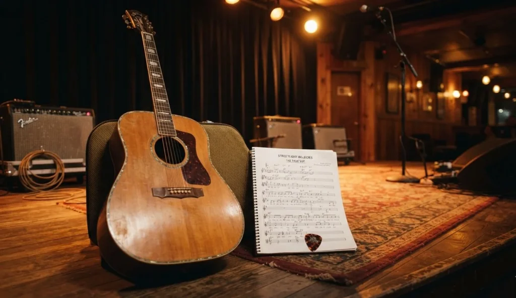 Guitar Puns featuring an acoustic guitar, music notes, and a guitar pick