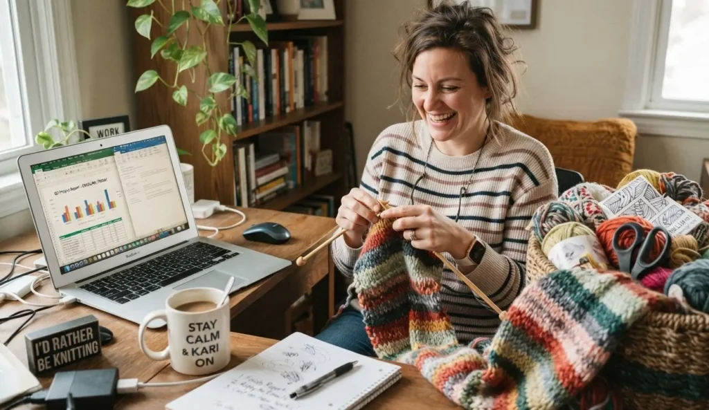 Funny Knitting Puns for adults with yarn and a work desk