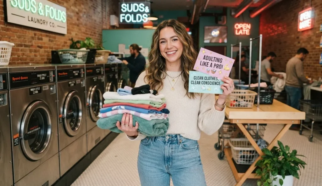 Laundry Puns Instagram image showing a stylish laundromat scene with a person holding folded clothes and playful social media caption cards