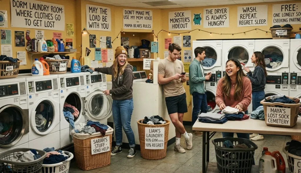 Laundry Puns college image showing a dorm laundry room with students, baskets, washers, dryers, and humorous student laundry captions