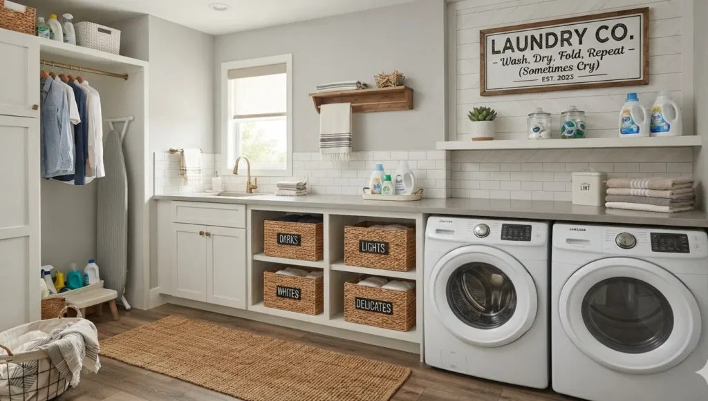 Laundry Puns laundry room sign image showing a modern home laundry room with a humorous wall sign and neatly organized baskets