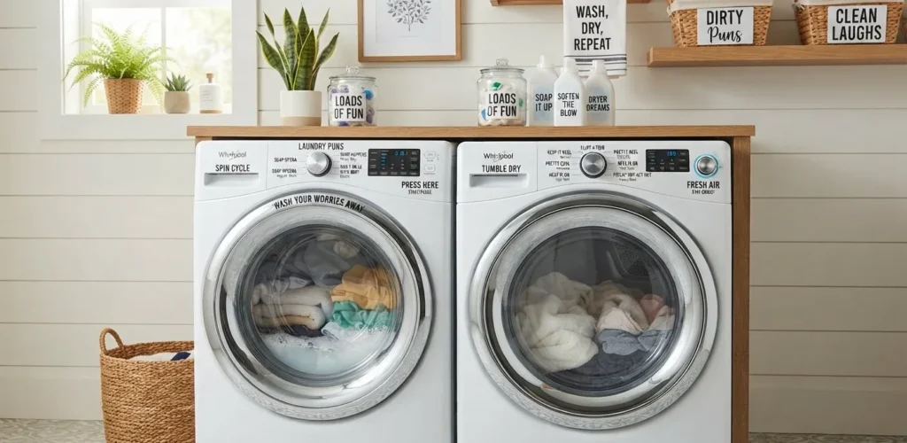 Laundry Puns washing machine image showing a modern washer and dryer with playful labels for spin, rinse, tumble, heat, and fresh