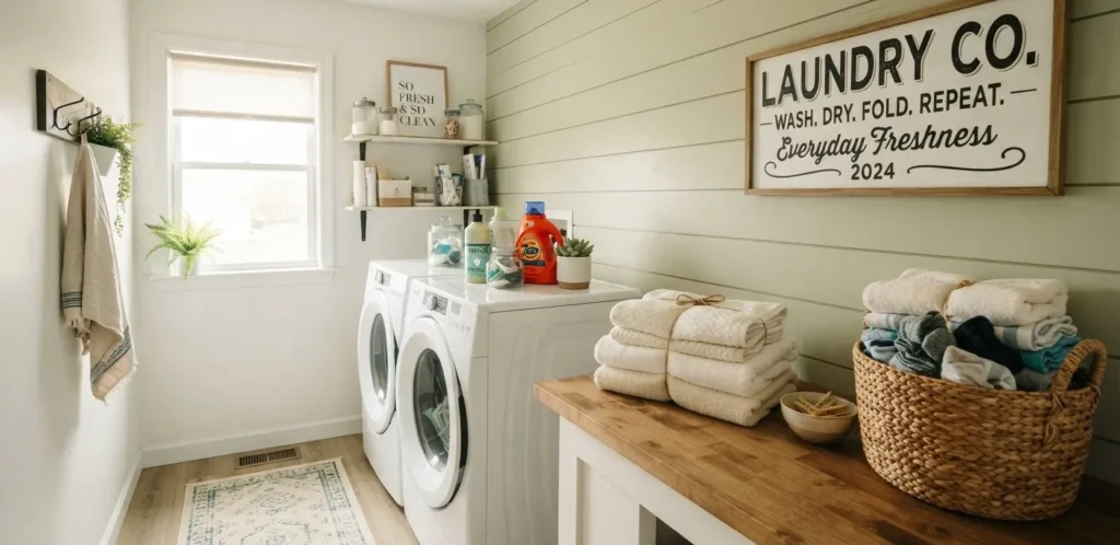Laundry Puns hero image showing a bright laundry room with a basket of clothes, washing machine, folded towels, and playful typography