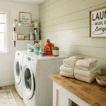 Laundry Puns hero image showing a bright laundry room with a basket of clothes, washing machine, folded towels, and playful typography