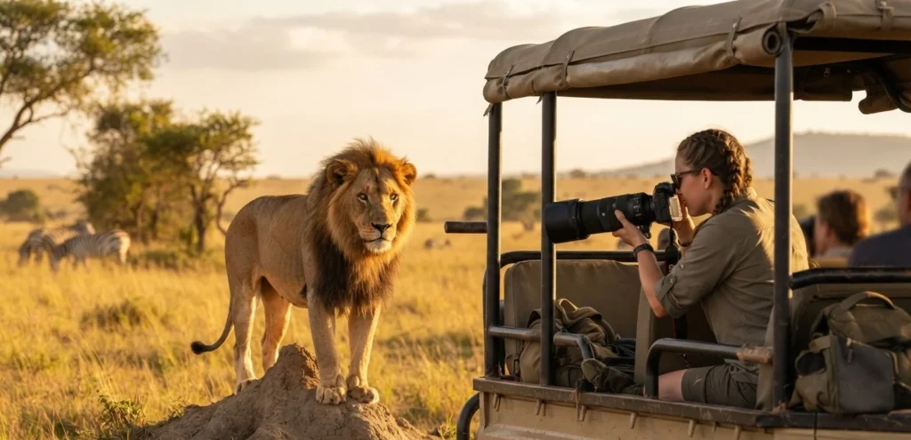 Lion Puns for an Instagram safari caption with a lion watching the camera