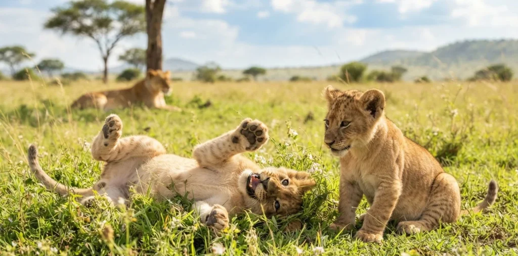 Lion Puns for kids featuring playful lion cubs in the grass