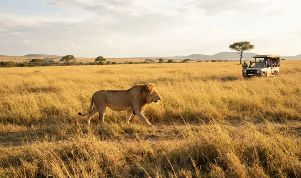 Lion Puns for safari travel photos showing a lion crossing the savanna