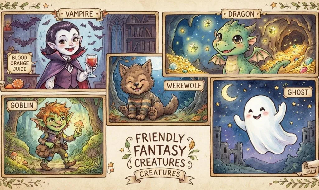 Monster Puns featuring vampire werewolf dragon ghost and goblin characters