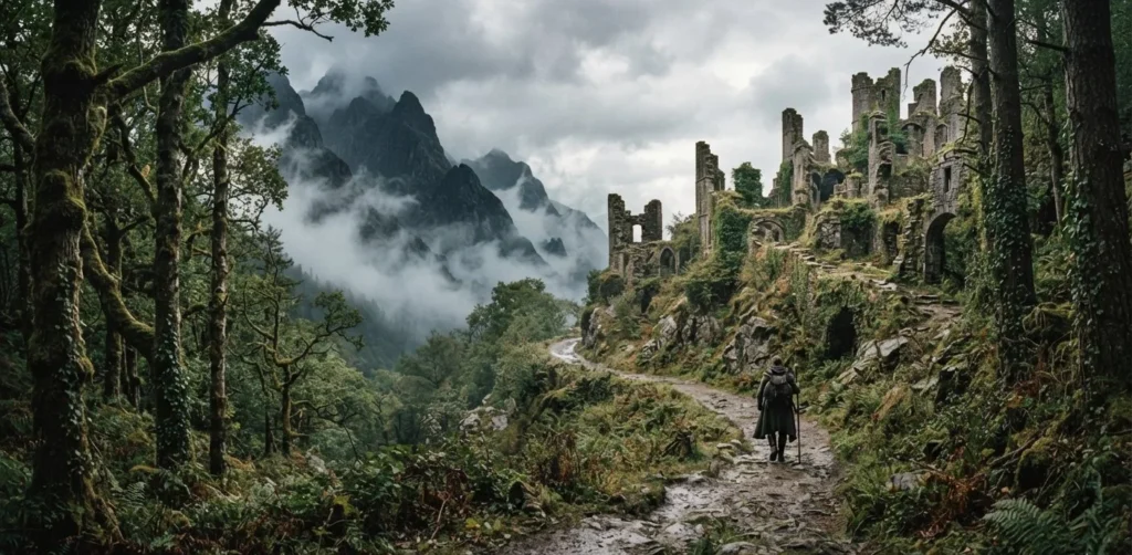 Monster Puns travel image showing a mysterious forest trail and fantasy landscape